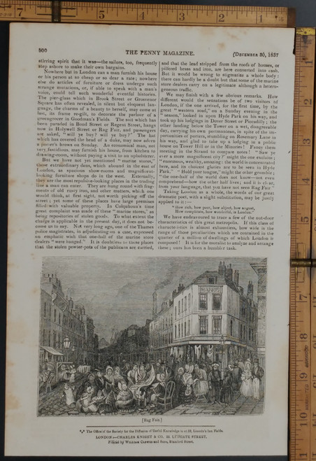 A rag fair on a crowded street in London. Original Antique magazine print from 1837.