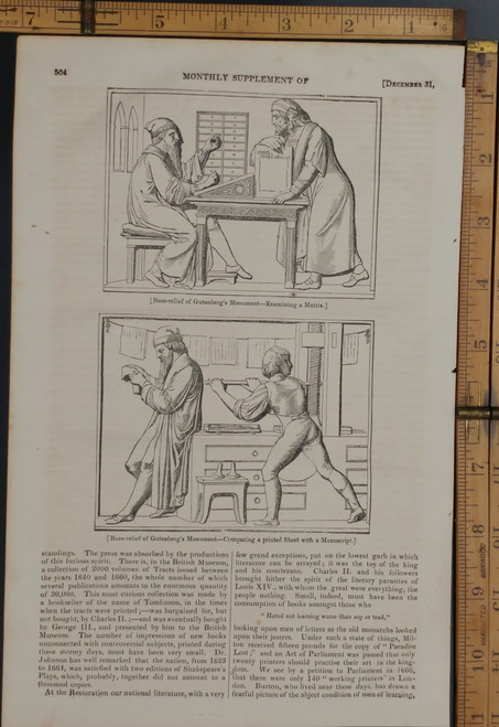 Bass-relief of  John Gutenberg's Monument, at Mayence. Comparing a printed sheet with a manuscript and examining a Matrix. The printing press. Original Antique magazine print from 1837.