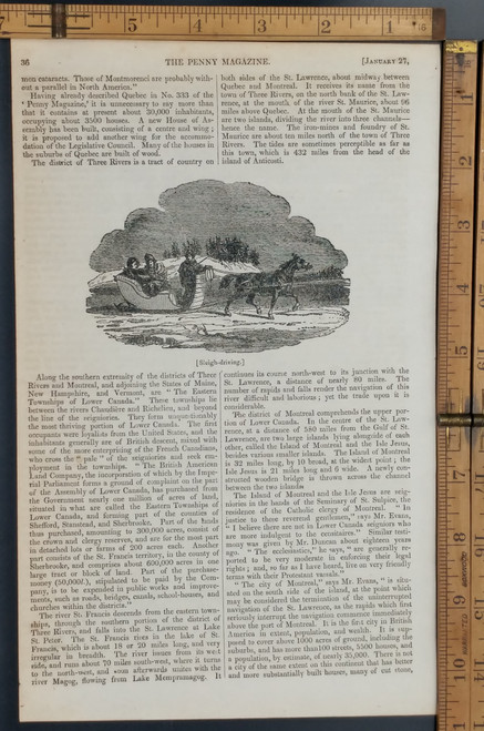 Sleigh-driving. A horse pulling a sleigh. Original Antique magazine print from 1838.