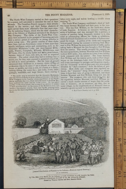 Annual distribution of presents to the Indians(Native Americans). Original Antique magazine print from 1838.