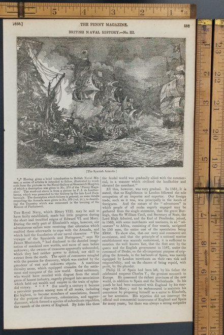 British naval history, the Spanish Armada. Original Antique magazine print from 1838.