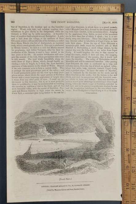 Traeth Mawr, a polder near Porthmadog in Gwynedd in Wales. Original Antique magazine print from 1838.