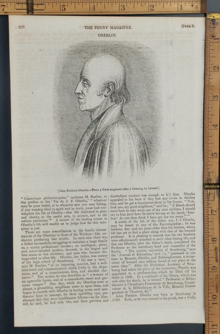 Jean Frederic Oberlin, Alsatian pastor and a philanthropist. Original Antique magazine print from 1838.