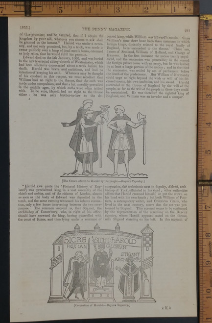 Coronation of Harold, Bayeux Tapestry. Crown offered to Harold by the people. Original Antique magazine print from 1838.