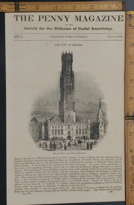 The Old Hall, in the Place de Bruges. Original Antique magazine print from 1838.