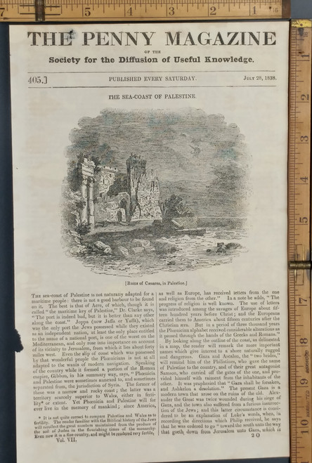 Sea-coast of Palestine, Ruins of Caesarea. Original Antique magazine print from 1838.