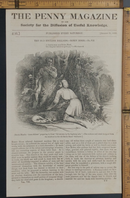 Old English ballads, Robin Hood. Robin Hood's brave fellows' dressing a deer. Original Antique magazine print from 1838.