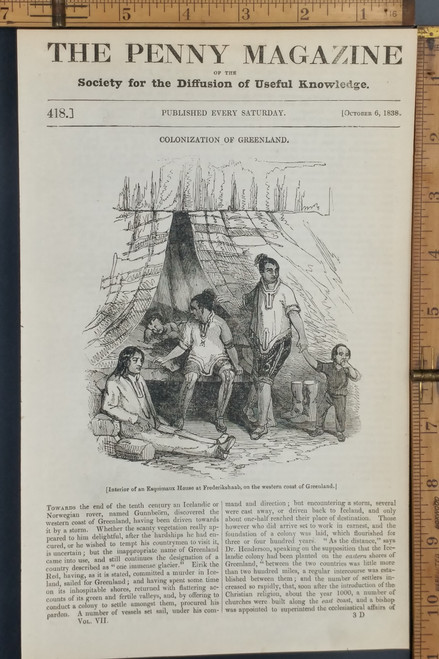 Colonization of Greenland. Interior of an Esquimaux House at Frederikshaab, on the western coast of Greenland. Original Antique magazine print from 1838.