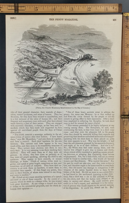 Pahia, the Church Missionary Establishment in the Bay of Islands. Original Antique magazine print from 1838.