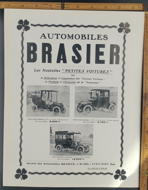 Automobiles Brasier, les Nouvelles "Petites Voitures". Old car add for Petite Voiture Brasier and Grand Omnibus particulier. Original Antique French print from 1909.