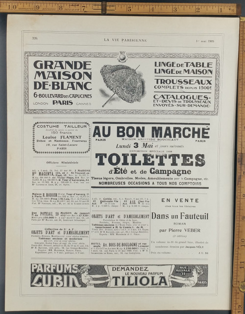 Grande Maison De Blanc parasol advertisement. Au bon marche. Parfums Lubin. Original Antique French print from 1909.