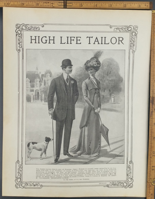 High Life Tailor parasol advertisement. Man with a woman holding a parasol while wearing a fancy hat. A little dog. Original Antique French print from 1909.