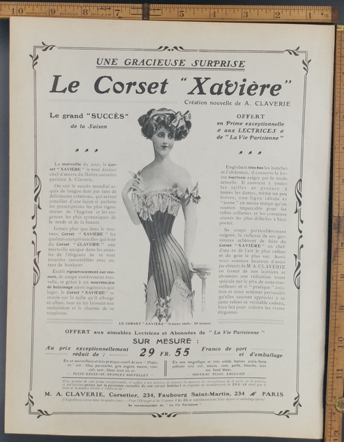 Advertisement for Le Corset "Xaviere". A lady with a very thin waist. Original Antique French print from 1909.