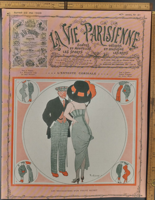 L'entente cordiale by Fabien Fabiano. Secret treaty negotiations between man and woman. Original Antique French color print from 1909.