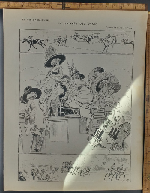 La journée des drags by R de la Neziere. Women watching horse jumping. Original Antique French print from 1909.