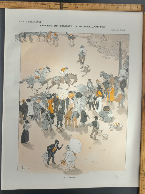 Race sketch: a maisons-laffitte by Pierlis. The start of a horse race. Original Antique French color print from 1909.