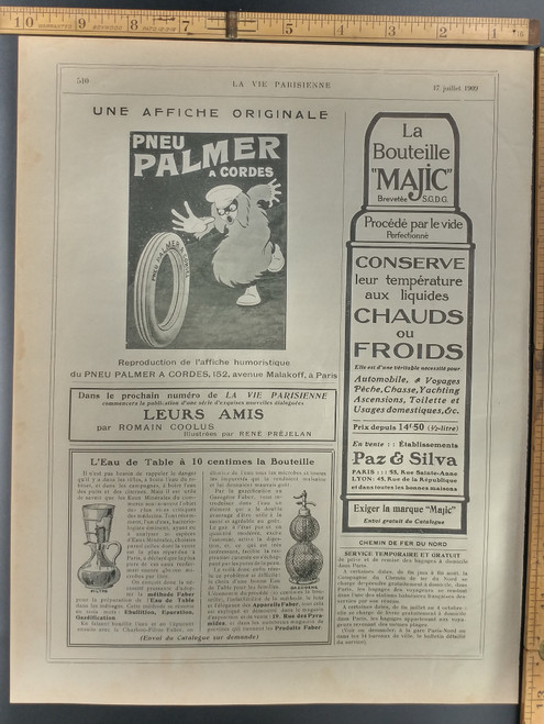 Pneu Palmer a cordes. Advertisement for a tire. La Bouteille Majic. Original Antique French print from 1909.