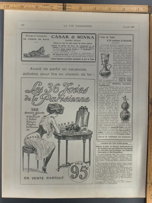 Casar & Minka purebred dogs. Les 36 Joies de la Parisienne. Table water at 10 cents per bottle. Original Antique French print from 1909.