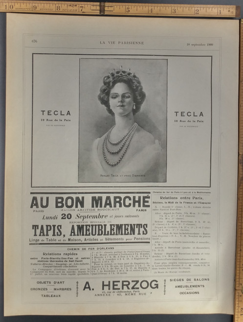 Tecla pearls and real diamonds. Old Original Antique French print from 1909.