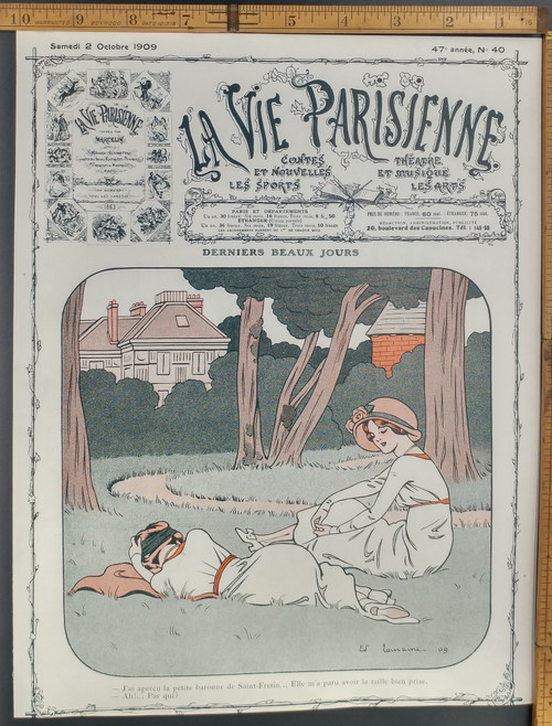 I saw the little baroness of Saint-Fretin ... She seemed to me to have the size well taken. Two ladies relaxing outside. Old Original Antique French color print from 1909.