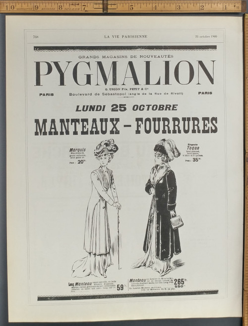 Add for Pygmalion, womens fashion. Old Original Antique French print from 1909.