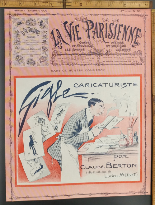 Gigle Caricaturiste par Claude Berton illustrations de Lucien Metivet. A caricaturist artist at work. Original Antique French color print from 1909.