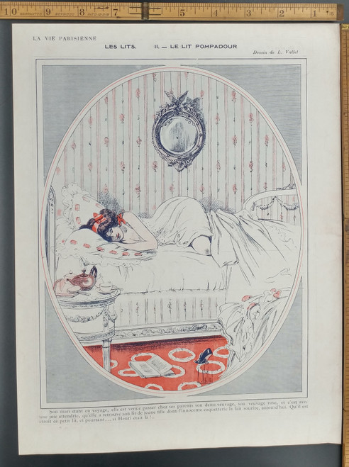 The pompadour bed by L Vallet. A pretty young woman in her bed. Original Antique French color print from 1909.