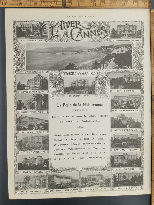 Winter in Cannes. Hotel Beau-Rivage, Beau-Sejour, Belle-Vue, Hotel California, Hotel Continental, Grand Hotel and Hotel Gallia. Original Antique French print from 1909.