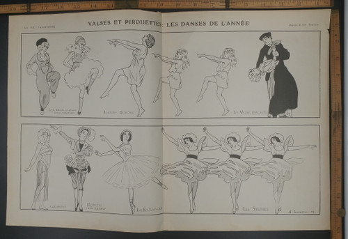 Waltzes and pirouettes: the dances of the year by Ed Touraine. The two dutch cicadas, Isadora Duncan, la Valse Chaloupee, les Sylphes, La Karsavina,  Nijinski and Cleopatre. Original Antique French extra large print from 1909.