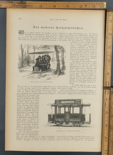 Das moderne heinzelmännchen. Daimler motor wagon. On the way to the Cannstatt course hall. Early public transportation. Original Antique German magazine print from 1888.