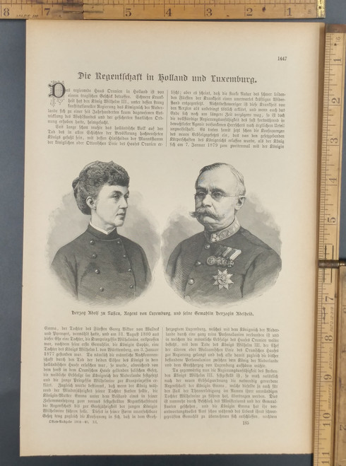 The reign in Holland and Luxembourg. Adolph I Wilhelm von Nassau-Weilburg, Herzog von Nassau, Großherzog von Luxemburg. Adelheid zu Hohenlohe-Langenburg. Original Antique German magazine print from 1888.