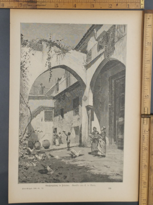 Strakengeiang in Palermo, painting by Maria. A beautiful street scene. Original Antique German magazine print from 1888.