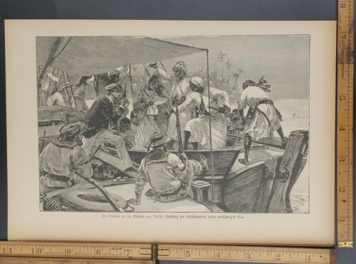 A ship and crew in Africa inspecting the papers of another boat. Original Antique German magazine print from 1889.