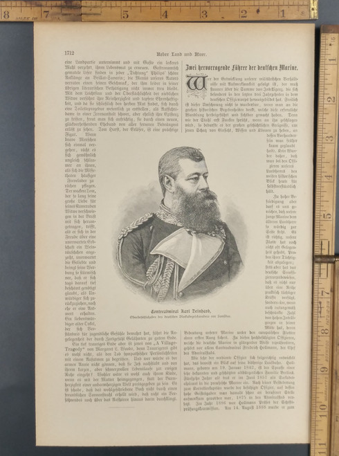  Karl August Deinhard German Vice Admiral. Original Antique German magazine print from 1889.