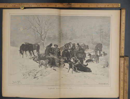 Painting by Jaroslav Vesin. A snowy scene with people, horses and dogs. Original Antique German magazine print from 1889.
