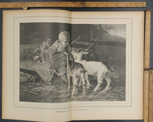 Painting by Hermine Biedermann Arendts. A small child with a little dog and baby goats. Original drawing by Theodor Weber. A sail boat and the angry ocean. Original Antique German magazine print from 1889.