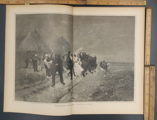 Surprised by a terrible thunderstorm by H. Brispot. Old men and women fleeing a storm. Original Antique German magazine print from 1889.