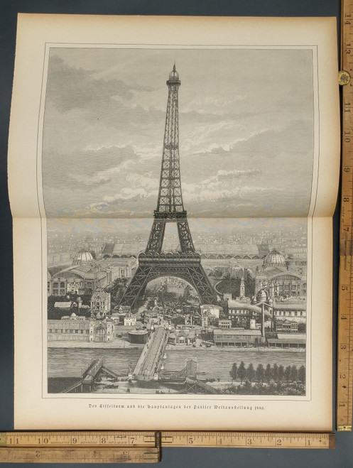 The Eiffel Tower and the main structures of the Paris World Exhibition of 1889. Original Antique German magazine print from 1889.