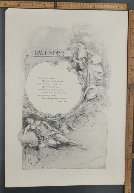 Lavender a poem by Clarence Urmy. A man sleeping and a woman in front of a castle. Original Antique print from the Puritan 1897.