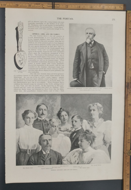 The Vassar Spoon of 1897. Frederick F. Thompson, of New York. General Adelbert Ames and his Family: Blanche, Butler, Jessie, Sarah and Mrs. Adelbert Ames. Original Antique Puritan print from 1897.