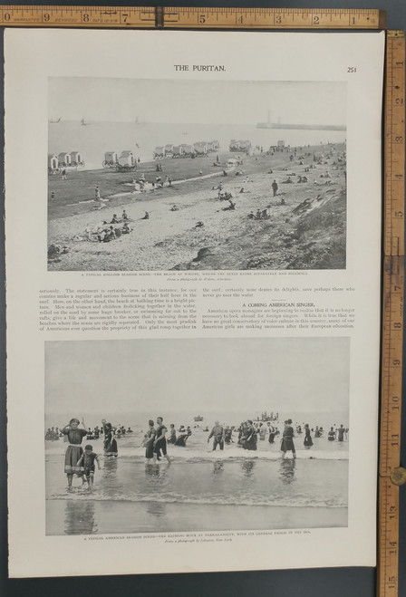 An English seaside scene: the beach at Whitby where the sexes bathe separately. American beach scene at Narragansett, with its general Frolic in the sea. Original Antique Puritan print from 1897.