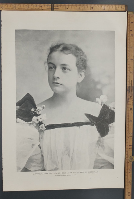 A typical American beauty, Miss Alice Castleman, of Louisville Kentucky. A picture of a pretty teenage girl. Original Antique Puritan print from 1897.