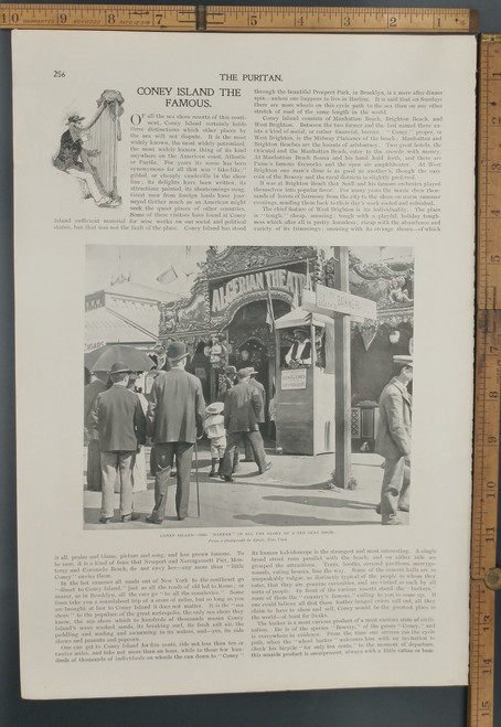 The world famous Coney Island, Algerian Theatre. The Barker in all the glory of a ten cent show. Original Antique Puritan print from 1897.