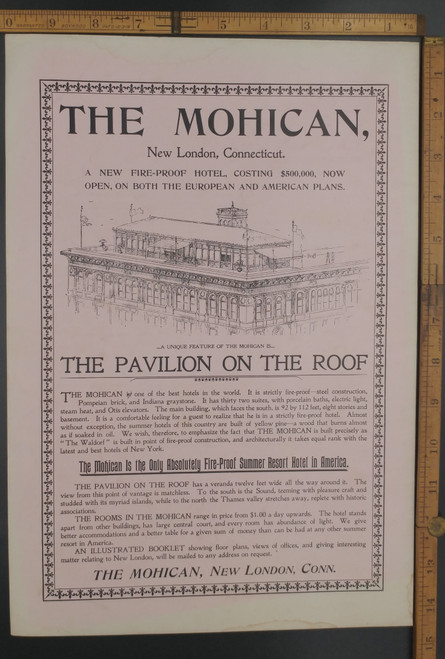 The Mohican, New London, Connecticut a fireproof hotel. Summer resort hotel. Original Antique print from the Puritan 1897.