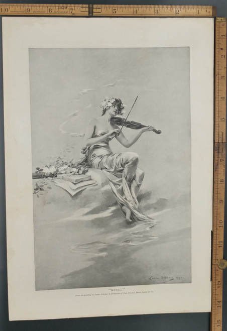 Music, from the painting by Louise Abbema. A beautiful woman playing the violin. Original Antique Puritan print from 1897.