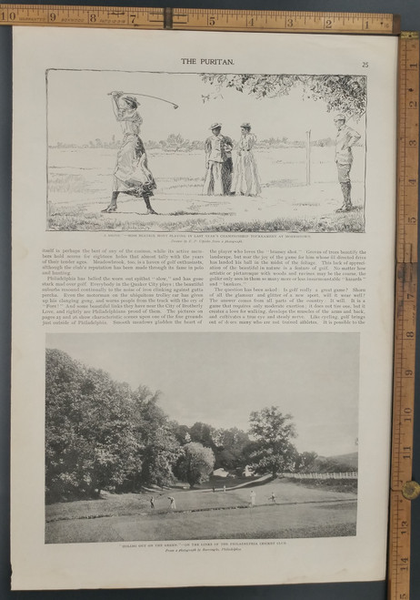 "A Drive", Miss Beatrix Hoyt playing golf in last year's Championship tournament at Morristown. Holing out on the green, on the links of the Philadelphia Cricket Club. Original Antique Puritan print from 1897.