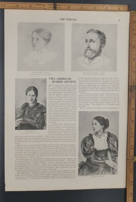 Two American Women Artists: Miss. Stillman and half sister Effie Stillman. Portrait of Frances E. Willard and Donald Mackenzie Wallace. Original Antique Puritan print from 1897.