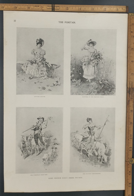 French Fancy Dress Figures: the Watteau Shepherdess, Pyrenean Goat Girl, Autumn Leaves and Flowers of the Harvest Field. Women out in nature. Original Antique Puritan print from 1897.