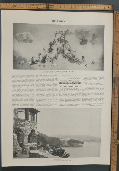 Sounding board of the Bijou theater, New York. Cherubs and Angels up in the clouds. Tuxedo Lake in N.Y. Original Antique Puritan print from 1897.