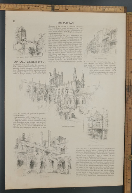 An old world city. The water tower, Chester walls. Chester Cathedral. God's Providence House. Original Antique Puritan print from 1897.